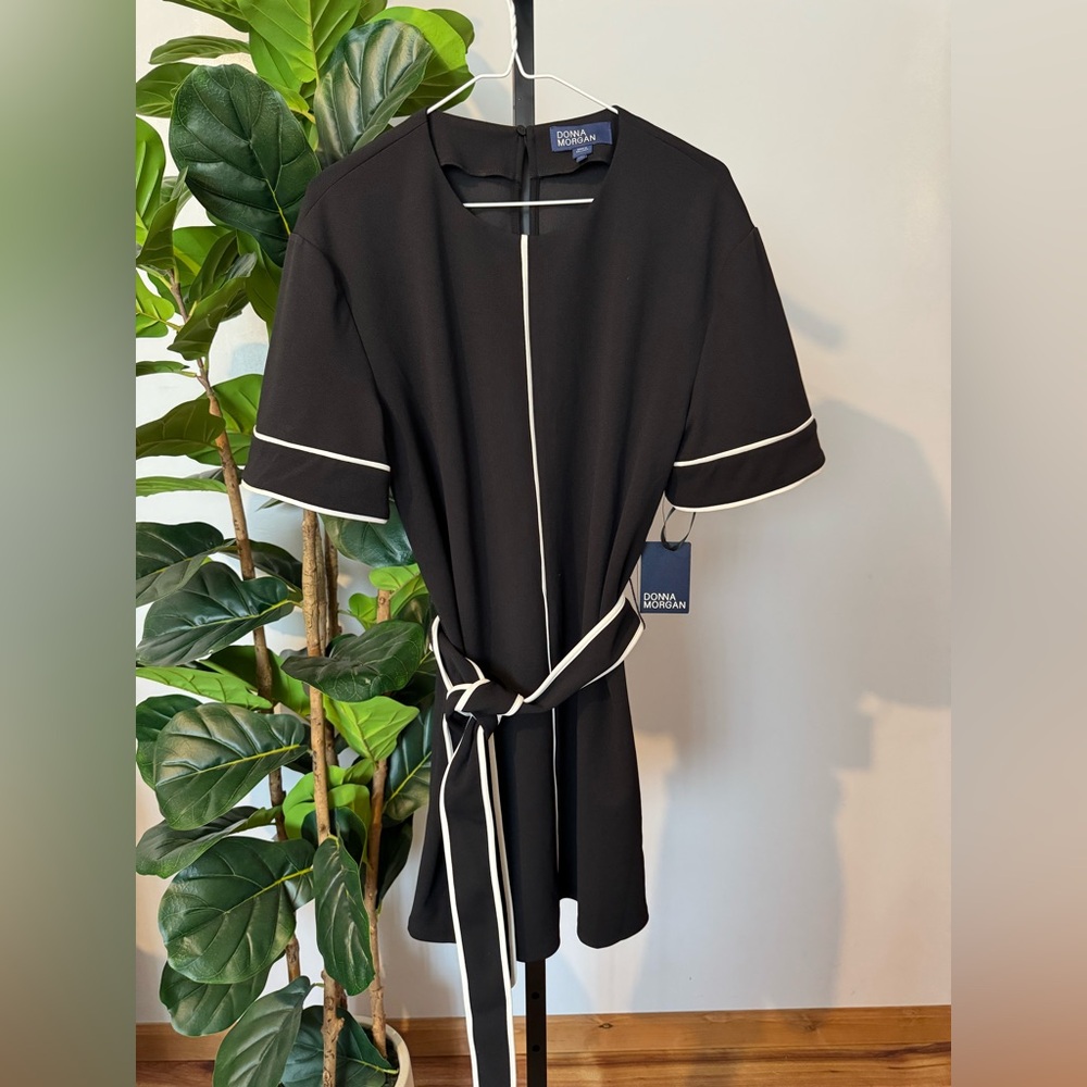 Donna Morgan Black Mini Dress with White Piping and Tie Belt